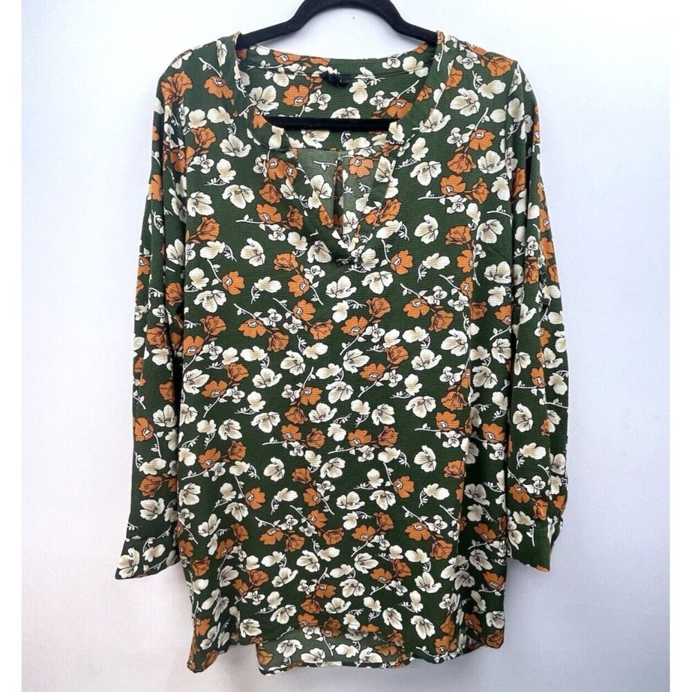 LUCCA Women's Blouse Green Floral V-Neck Pocket on Side Tunic Top Size Large